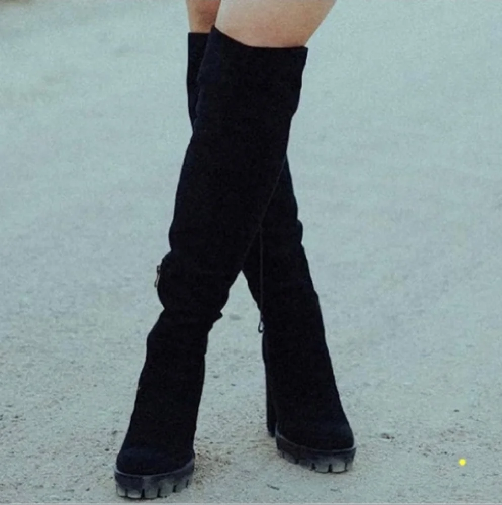 Isnom Black Suede Leather Chunky Lug Sole Over The Knee Tall Boot Women Size 9.5